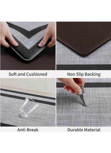 9mm 2-Pieces Textured Stripe Design Anti-Slip Kitchen Floor Mat Set - Grey