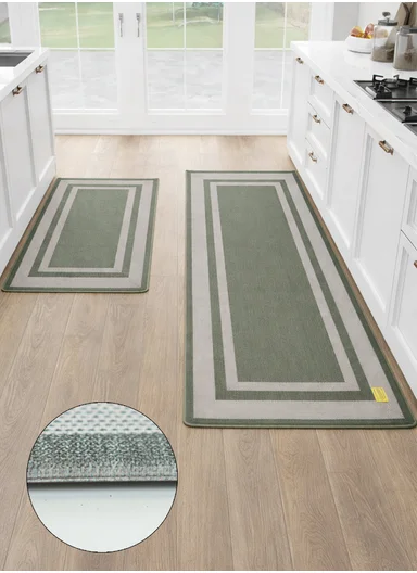 9mm 2-Pieces Textured Stripe Design Anti-Slip Kitchen Floor Mat Set - Green