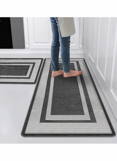 9mm 2-Pieces Textured Stripe Design Anti-Slip Kitchen Floor Mat Set - Dark Grey