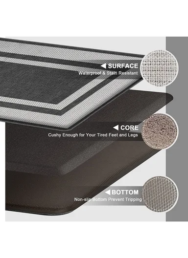 9mm 2-Pieces Textured Stripe Design Anti-Slip Kitchen Floor Mat Set - Dark Grey