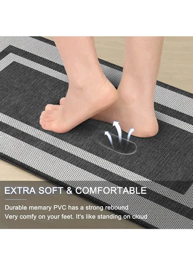 9mm 2-Pieces Textured Stripe Design Anti-Slip Kitchen Floor Mat Set - Dark Grey