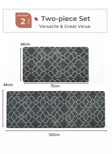 2-Pieces Moroccan Trellis Design Anti-Slip Kitchen Mat Set - Grey