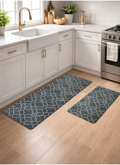 2-Pieces Moroccan Trellis Design Anti-Slip Kitchen Mat Set - Grey