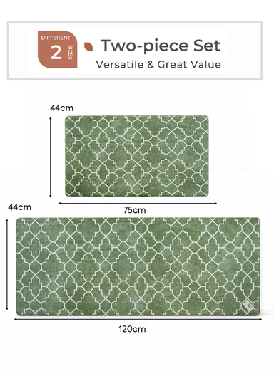 2-Pieces Moroccan Trellis Design Anti-Slip Kitchen Mat Set - Green