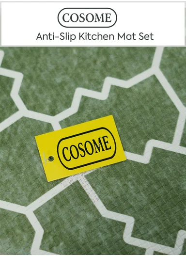 2-Pieces Moroccan Trellis Design Anti-Slip Kitchen Mat Set - Green