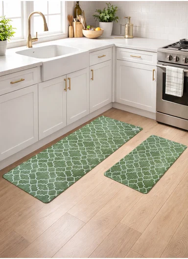 2-Pieces Moroccan Trellis Design Anti-Slip Kitchen Mat Set - Green