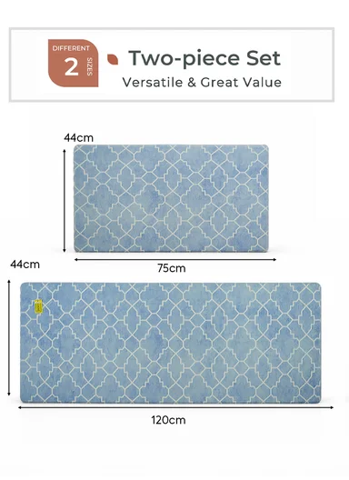 2-Pieces Moroccan Trellis Design Anti-Slip Kitchen Mat Set - Blue