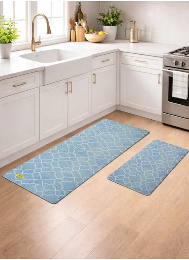 2-Pieces Moroccan Trellis Design Anti-Slip Kitchen Mat Set - Blue