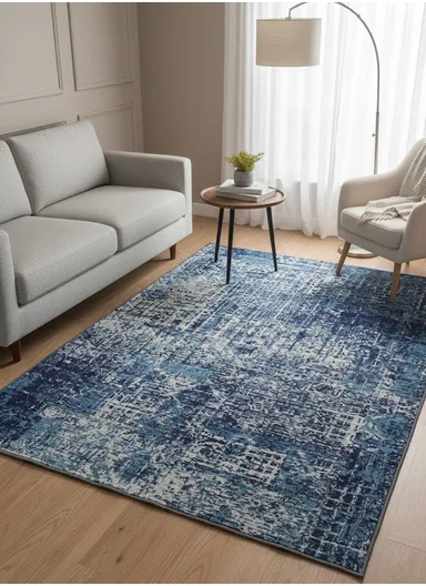 100x160cm Modern Abstract Polyester Carpet with Non-Slip TPR Backing JY-285 - Blue