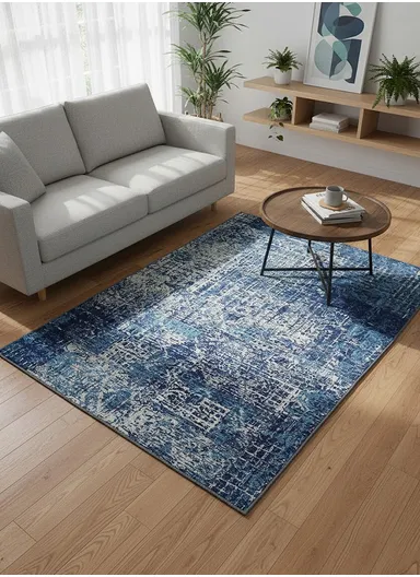 100x160cm Modern Abstract Polyester Carpet with Non-Slip TPR Backing JY-285 - Blue