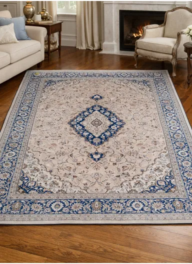 230x160cm Classic Oriental Polyester Carpet with Non-Slip TPR Backing T-084 – Beige &amp; Blue