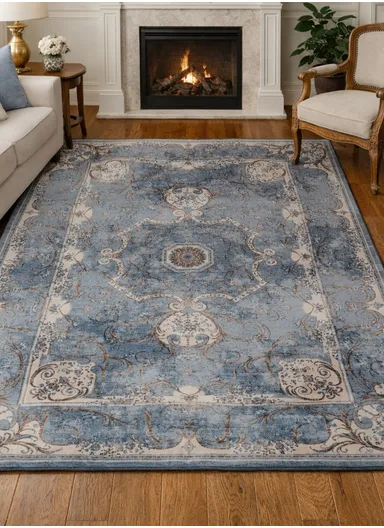 160x230cm Classic Medallion Pattern Polyester Carpet with Non-Slip TPR Backing T-208 - Light Blue