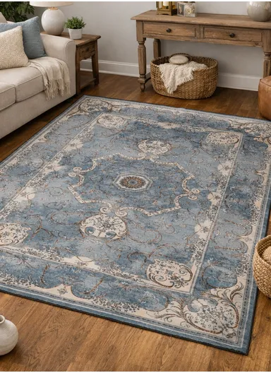 160x230cm Classic Medallion Pattern Polyester Carpet with Non-Slip TPR Backing T-208 - Light Blue