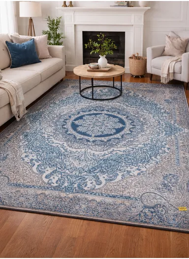 160x230cm Elegant Traditional Velvet Carpet With Classic Medallion Design - Light Blue