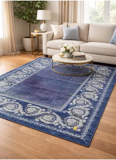 230x160cm Luxury Classic-Pattern Polyester Carpet with Non-Slip TPR Backing T-251 - Blue