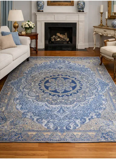 300x200cm Classic Carpet With Central Medallion Design BS-591 – Blue &amp; Beige