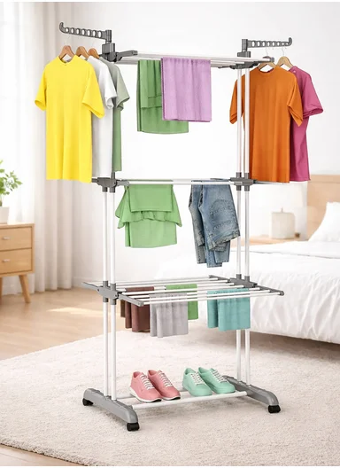3-Tier Clothes Airer with Wheels – Heavy-Duty Laundry Drying Rack with Hanging Bars