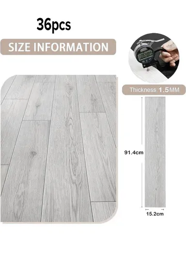 36 Pcs Self-Adhesive PVC Plank Flooring, 5m² Cover Area Waterproof Peel &amp; Stick Floor Tiles (L91.4 x W15.2 x T0.15)cm - Silver