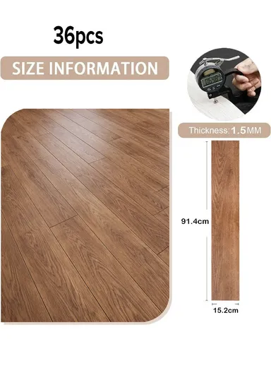 36 Pcs Self-Adhesive PVC Plank Flooring, 5m² Cover Area Waterproof Peel &amp; Stick Floor Tiles (L91.4 x W15.2 x T0.15)cm - Brown