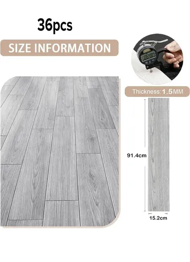 36 Pcs Self-Adhesive PVC Plank Flooring, 5m² Cover Area Waterproof Peel &amp; Stick Floor Tiles (L91.4 x W15.2 x T0.15)cm - Grey