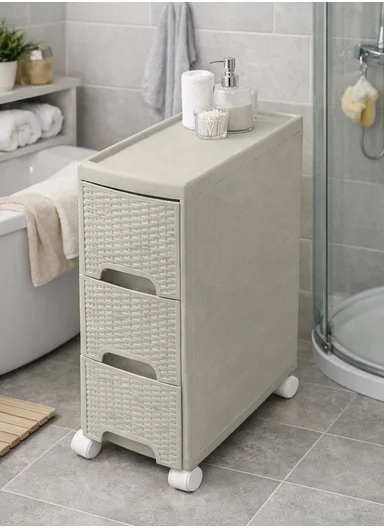 3-Layers Multi-Purpose Plastic Storage Cabinet With Wheels (W18 × D44 × H64)cm 516-5003 – Light Beige