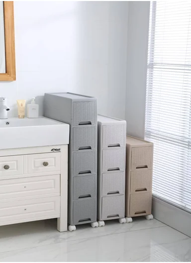 3-Layers Multi-Purpose Plastic Storage Cabinet With Wheels (W18 × D44 × H64)cm 516-5003 – Light Beige