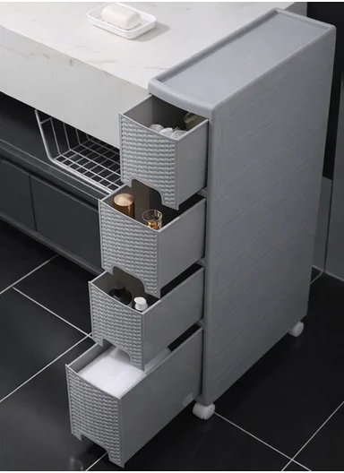 4-Layers Multi-Purpose Plastic Storage Cabinet With Wheels (W18 × D44 × H84)cm 516-5004 – Grey 