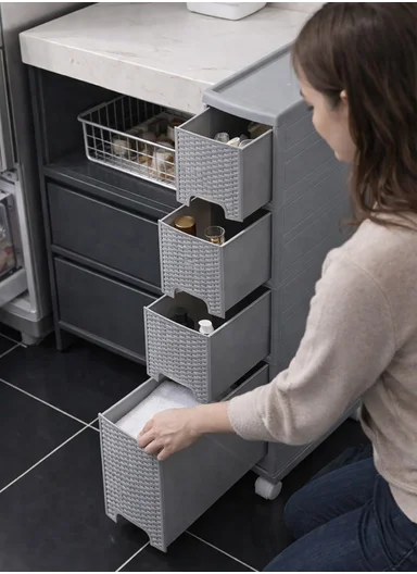 4-Layers Multi-Purpose Plastic Storage Cabinet With Wheels (W18 × D44 × H84)cm 516-5004 – Grey 