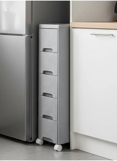 4-Layers Multi-Purpose Plastic Storage Cabinet With Wheels (W18 × D44 × H84)cm 516-5004 – Grey 