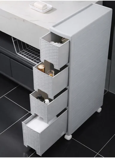 4-Layers Multi-Purpose Plastic Storage Cabinet With Wheels (W18 × D44 × H84)cm 516-5004 – Light Grey 