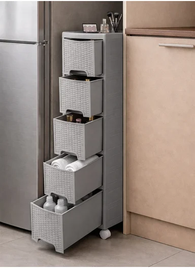 5-Layers Multi-Purpose Plastic Storage Cabinet With Wheels (W18 × D44 × H104)cm 516-5005 – Grey 