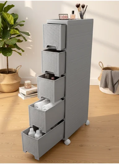5-Layers Multi-Purpose Plastic Storage Cabinet With Wheels (W18 × D44 × H104)cm 516-5005 – Grey 