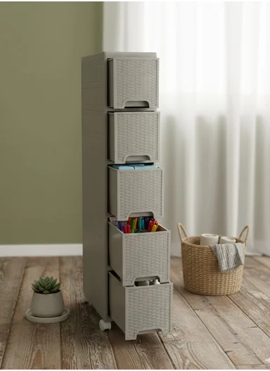 5-Layers Multi-Purpose Plastic Storage Cabinet With Wheels (W18 × D44 × H104)cm 516-5005 – Grey 