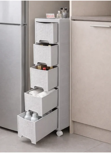 5-Layers Multi-Purpose Plastic Storage Cabinet With Wheels (W18 × D44 × H104)cm 516-5005 – Light Grey 