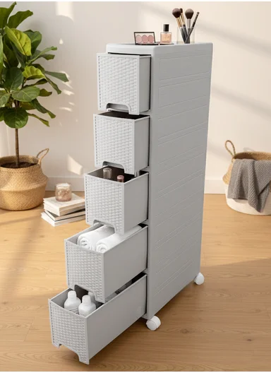 5-Layers Multi-Purpose Plastic Storage Cabinet With Wheels (W18 × D44 × H104)cm 516-5005 – Light Grey 