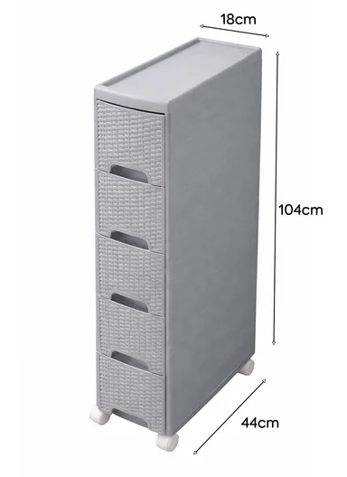 5-Layers Multi-Purpose Plastic Storage Cabinet With Wheels (W18 × D44 × H104)cm 516-5005 – Light Grey 