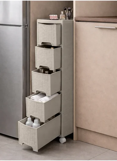 5-Layers Multi-Purpose Plastic Storage Cabinet With Wheels (W18 × D44 × H104)cm 516-5005 – Light Beige