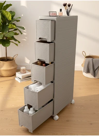 5-Layers Multi-Purpose Plastic Storage Cabinet With Wheels (W18 × D44 × H104)cm 516-5005 – Light Beige