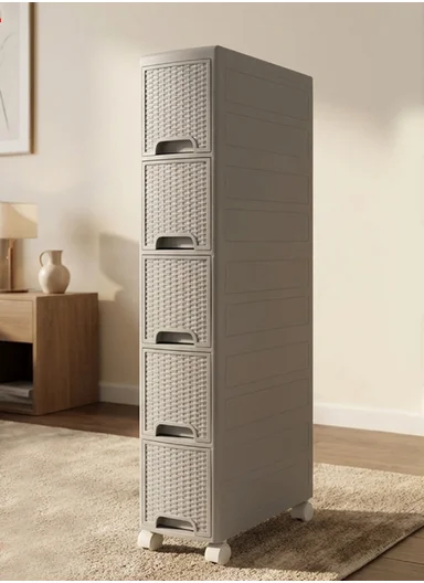 5-Layers Multi-Purpose Plastic Storage Cabinet With Wheels (W18 × D44 × H104)cm 516-5005 – Light Beige