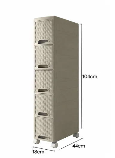 5-Layers Multi-Purpose Plastic Storage Cabinet With Wheels (W18 × D44 × H104)cm 516-5005 – Light Beige