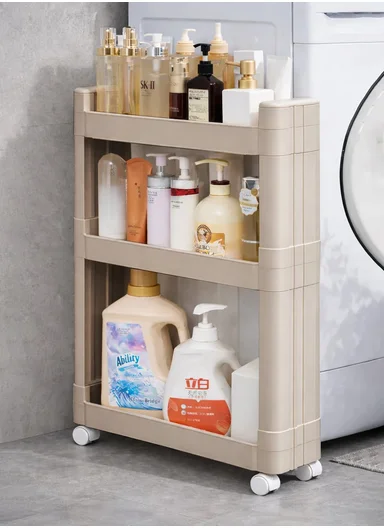 3-Tiers MultiPurpose Plastic Storage Rack With Wheels  (W50 × D14 × H65)cm 516-2250 - Beige