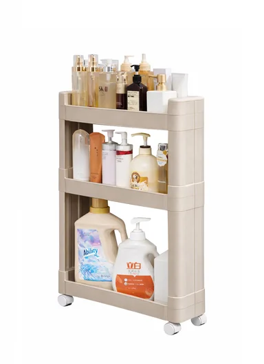 3-Tiers MultiPurpose Plastic Storage Rack With Wheels  (W50 × D14 × H65)cm 516-2250 - Beige