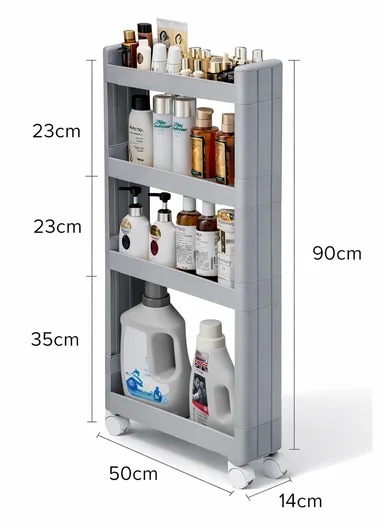 4-Tiers MultiPurpose Plastic Storage Rack With Wheels  (W50 × D14 × H90)cm 516-2251 - Grey