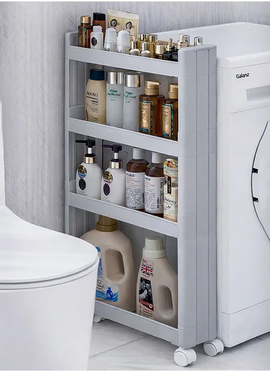 4-Tiers MultiPurpose Plastic Storage Rack With Wheels  (W50 × D14 × H90)cm 516-2251 - Grey