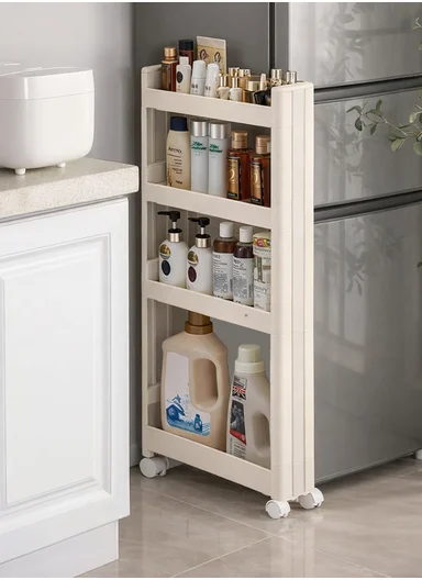 4-Tiers MultiPurpose Plastic Storage Rack With Wheels  (W50 × D14 × H90)cm 516-2251 - Beige