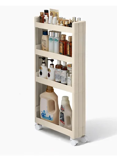 4-Tiers MultiPurpose Plastic Storage Rack With Wheels  (W50 × D14 × H90)cm 516-2251 - Beige