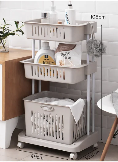 3-Tiers Rolling Laundry Basket Organizer With Ventilated Bins (W49 × D33.5 × H108)cm 516-2285 - Greige