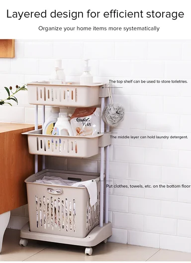 3-Tiers Rolling Laundry Basket Organizer With Ventilated Bins (W49 × D33.5 × H108)cm 516-2285 - Greige