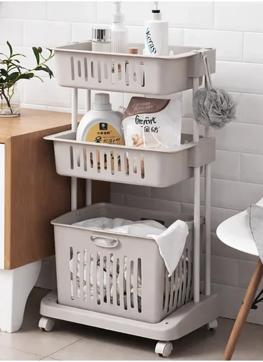 3-Tiers Rolling Laundry Basket Organizer With Ventilated Bins (W49 × D33.5 × H108)cm 516-2285 - Greige