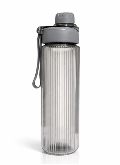 750ml Clear Ribbed Plastic Water Bottle with Carry Strap - Grey